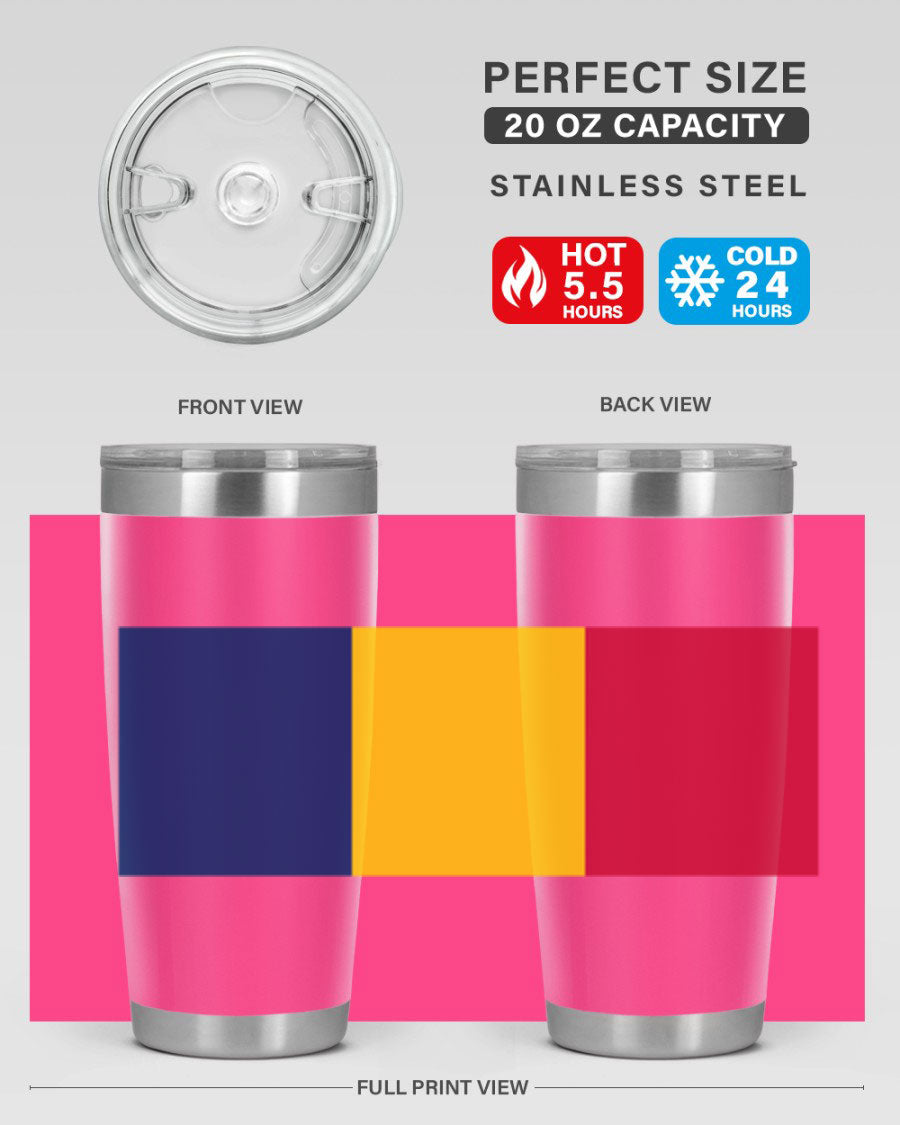 Chad 164# Tumbler featuring a vibrant flag design, made of stainless steel with a copper lining, ideal for hot and cold beverages.