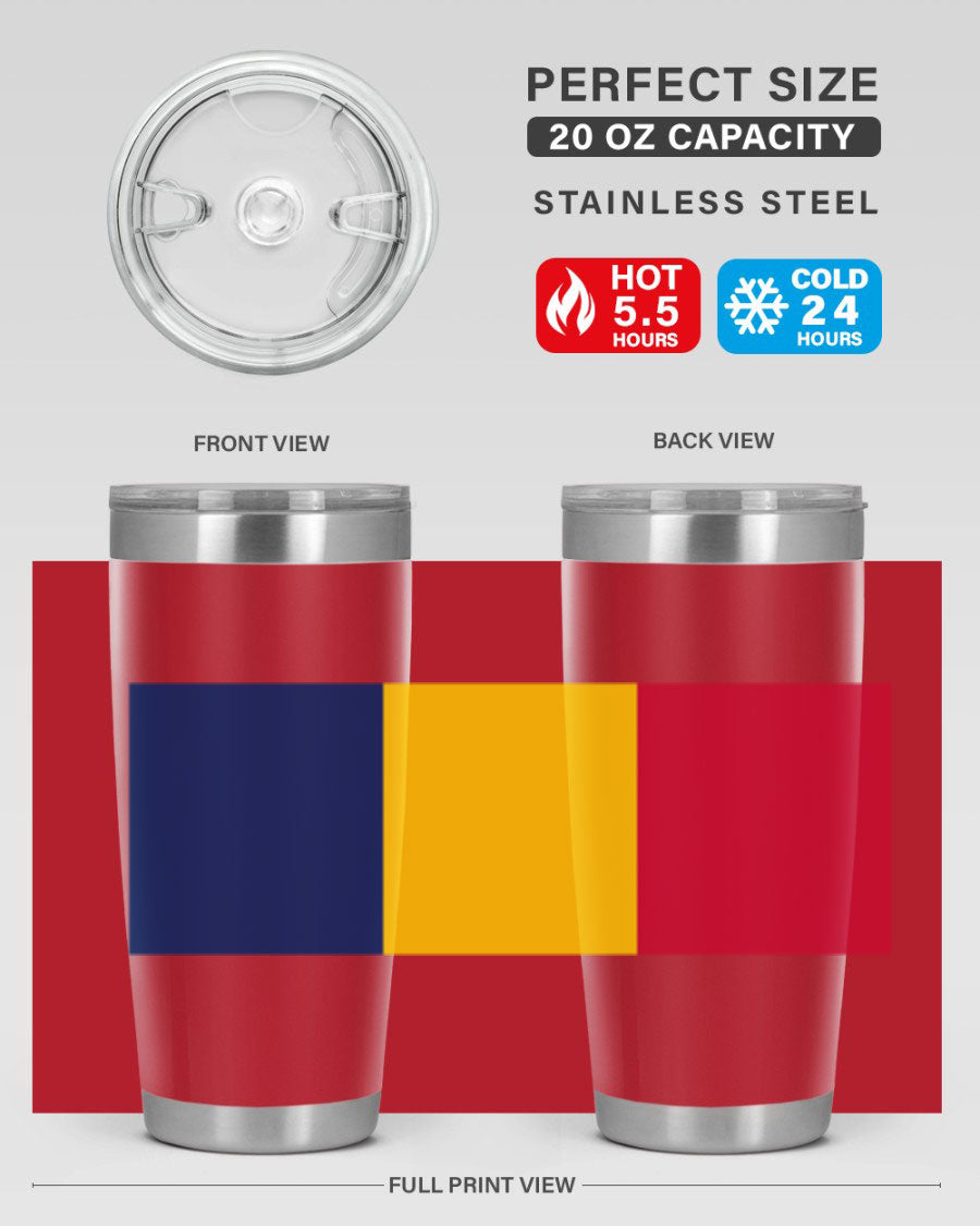 Chad 164# Tumbler featuring a vibrant flag design, made of stainless steel with a copper lining, ideal for hot and cold beverages.