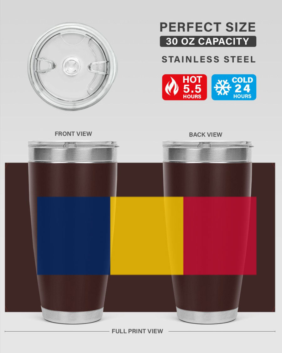 Chad 164# Tumbler featuring a vibrant flag design, made of stainless steel with a copper lining, ideal for hot and cold beverages.