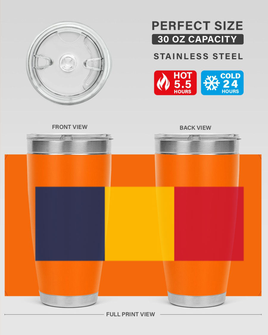 Chad 164# Tumbler featuring a vibrant flag design, made of stainless steel with a copper lining, ideal for hot and cold beverages.