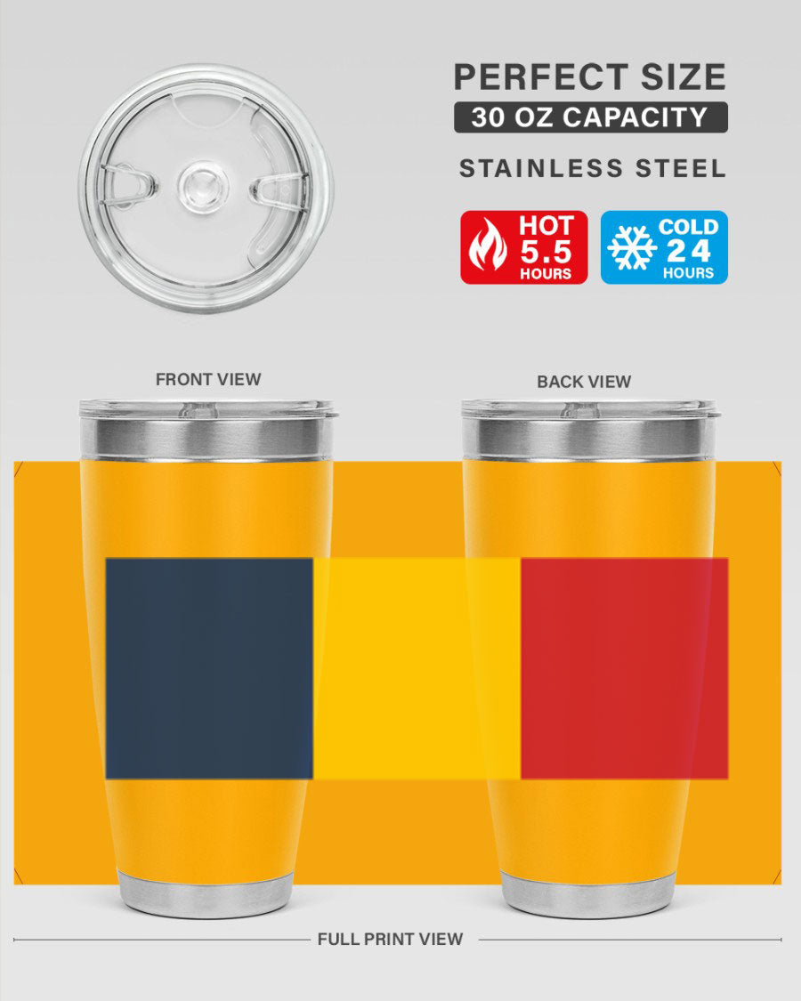Chad 164# Tumbler featuring a vibrant flag design, made of stainless steel with a copper lining, ideal for hot and cold beverages.