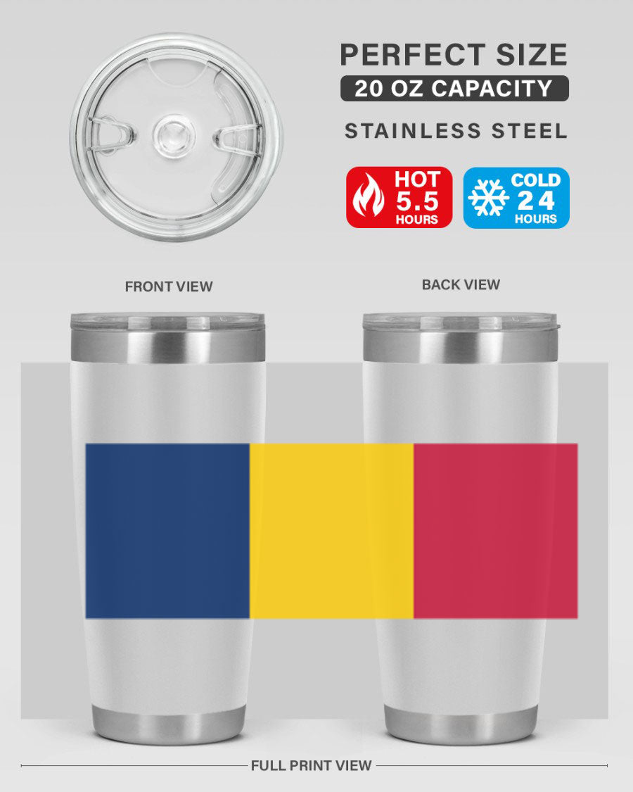 Chad 164# Tumbler featuring a vibrant flag design, made of stainless steel with a copper lining, ideal for hot and cold beverages.