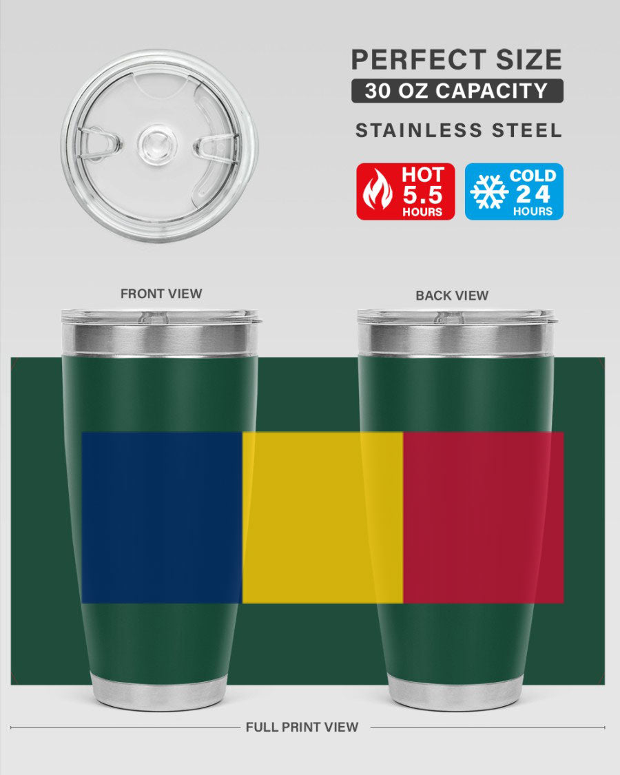 Chad 164# Tumbler featuring a vibrant flag design, made of stainless steel with a copper lining, ideal for hot and cold beverages.