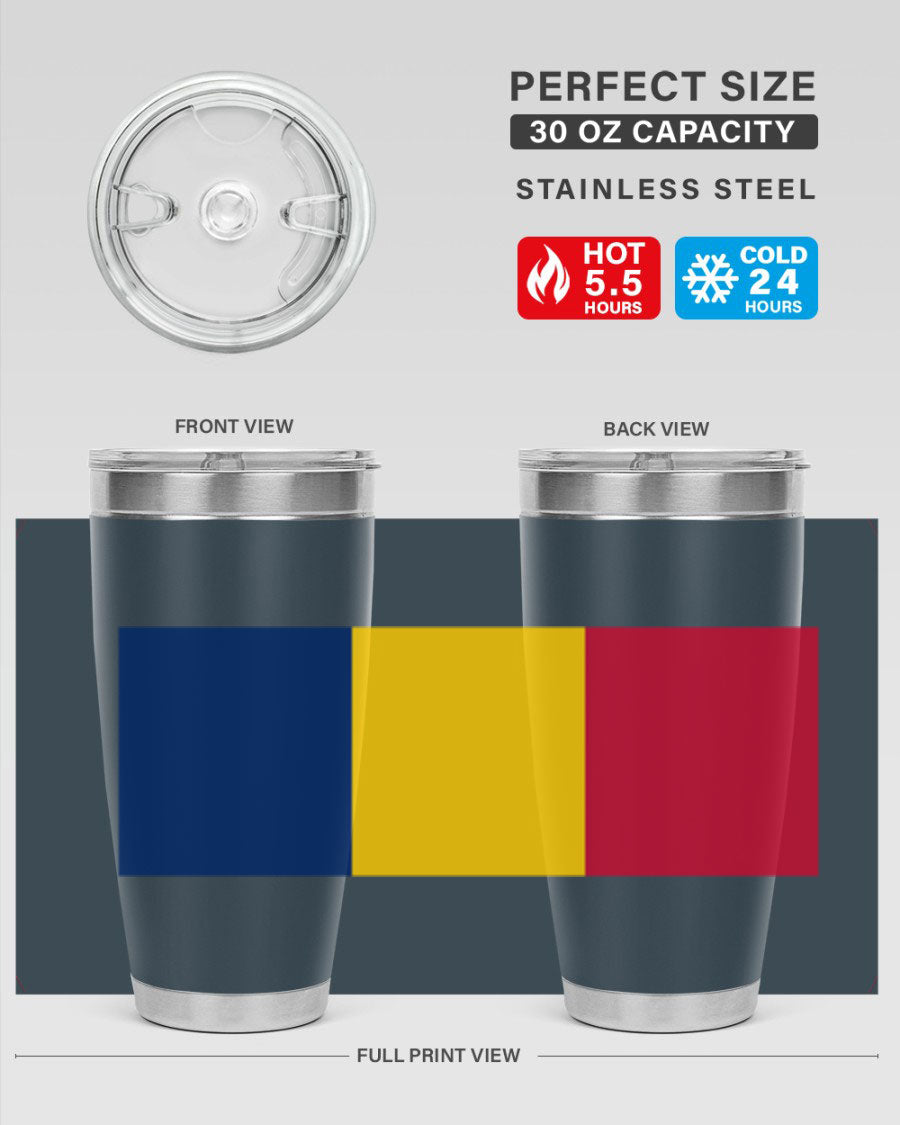 Chad 164# Tumbler featuring a vibrant flag design, made of stainless steel with a copper lining, ideal for hot and cold beverages.