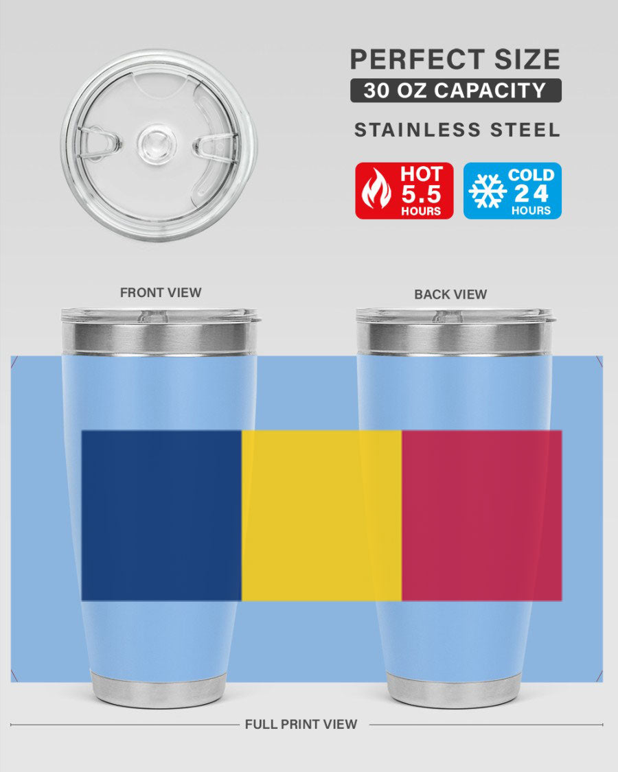 Chad 164# Tumbler featuring a vibrant flag design, made of stainless steel with a copper lining, ideal for hot and cold beverages.