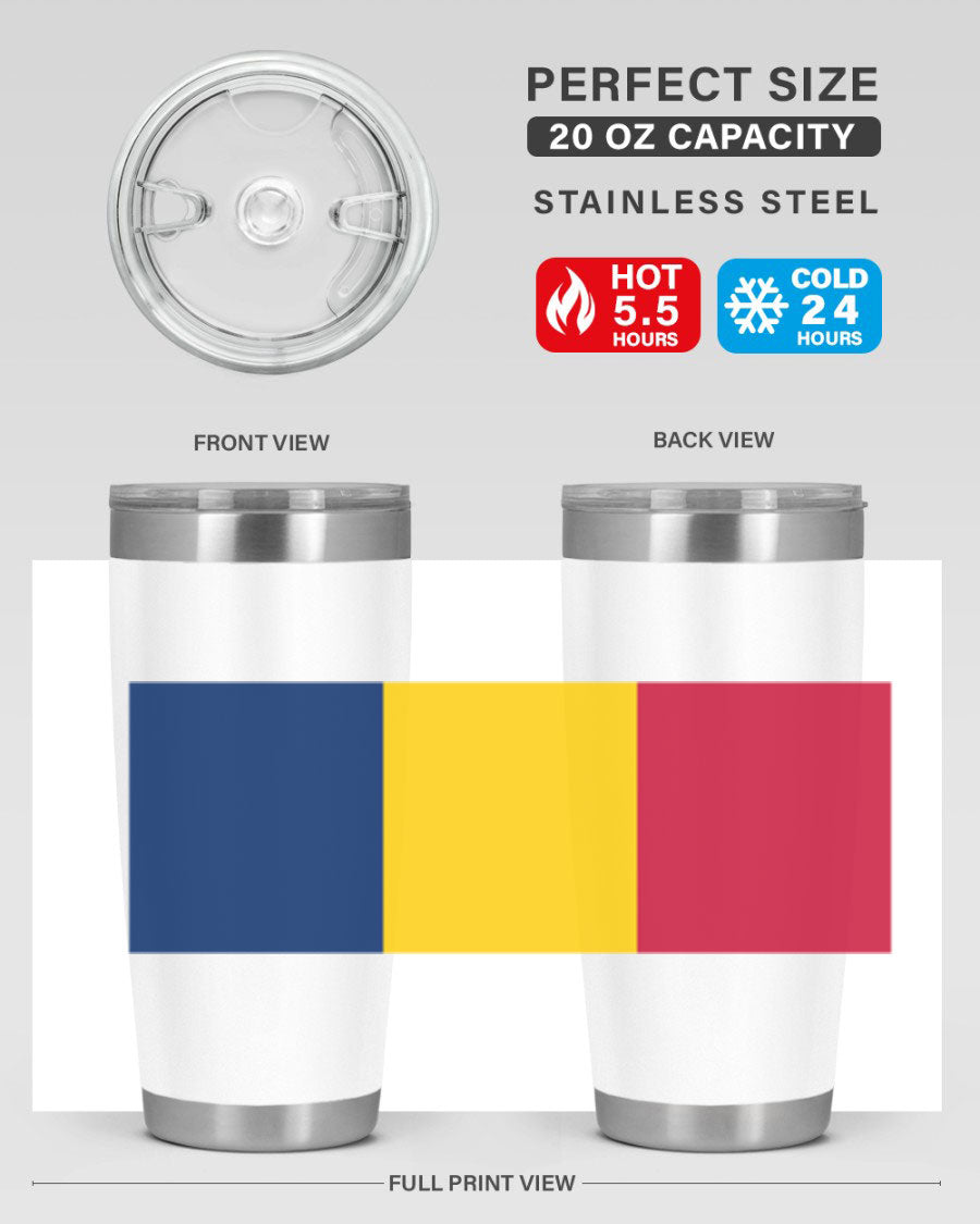 Chad 164# Tumbler featuring a vibrant flag design, made of stainless steel with a copper lining, ideal for hot and cold beverages.