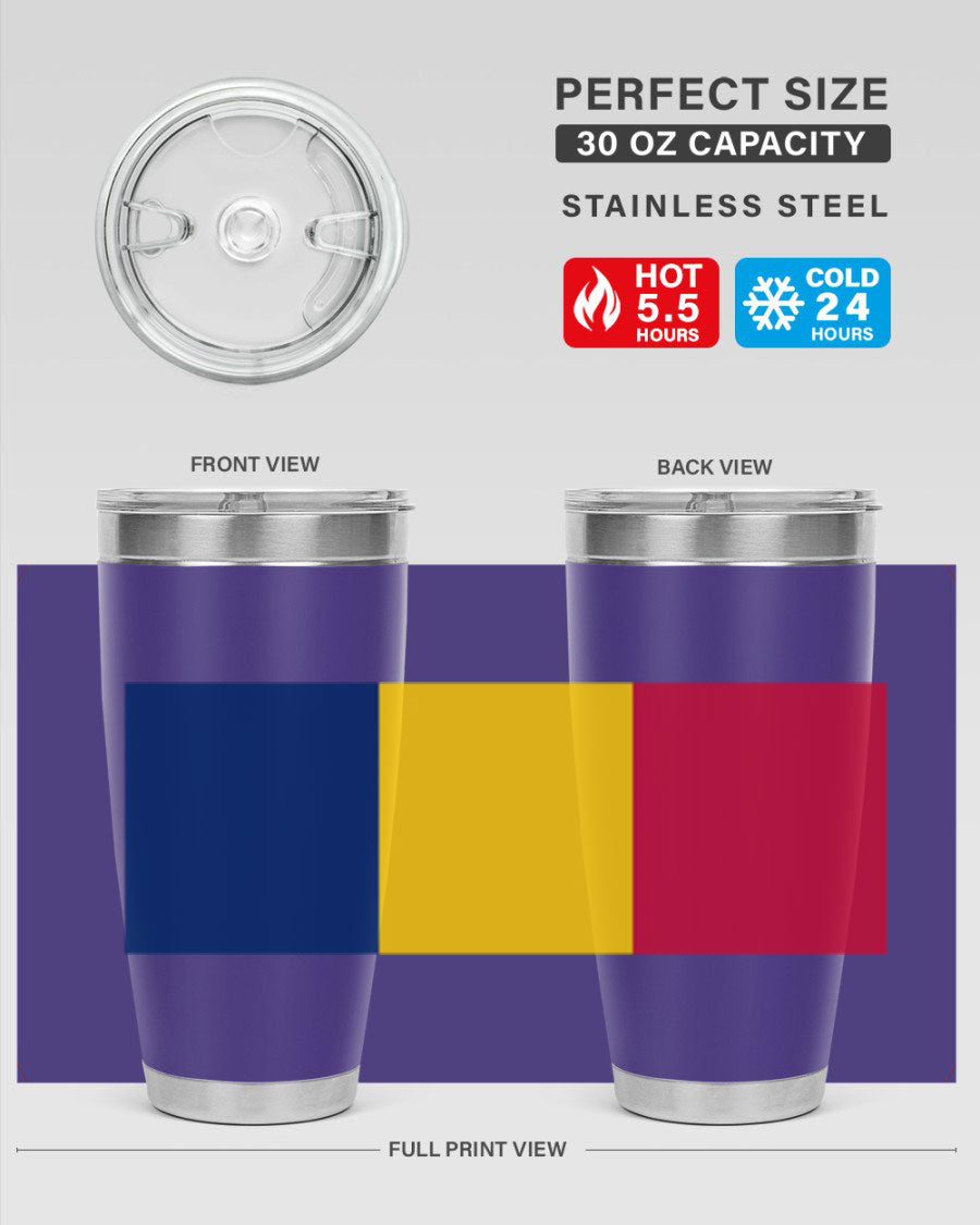 Chad 164# Tumbler featuring a vibrant flag design, made of stainless steel with a copper lining, ideal for hot and cold beverages.