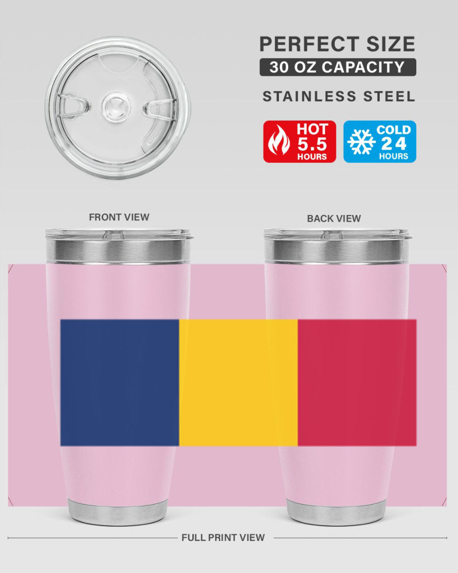 Chad 164# Tumbler featuring a vibrant flag design, made of stainless steel with a copper lining, ideal for hot and cold beverages.