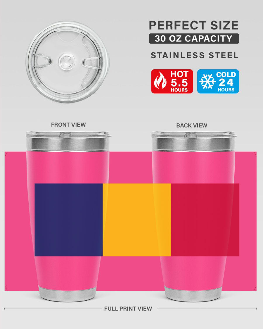Chad 164# Tumbler featuring a vibrant flag design, made of stainless steel with a copper lining, ideal for hot and cold beverages.