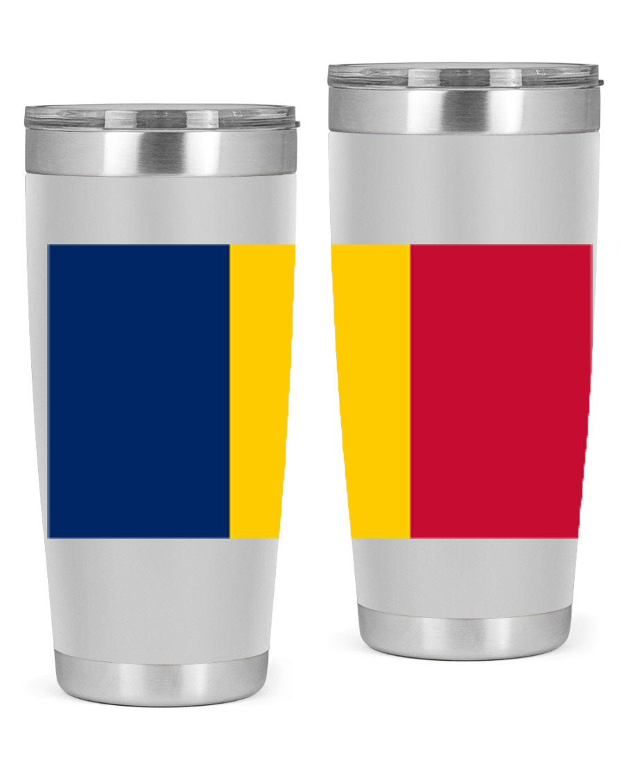 Chad 164# Tumbler featuring a vibrant flag design, made of stainless steel with a copper lining, ideal for hot and cold beverages.