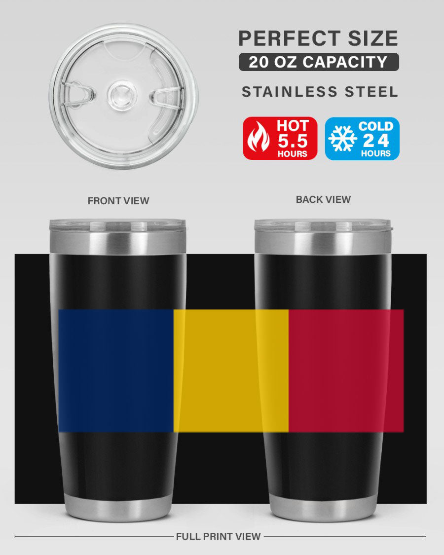 Chad 164# Tumbler featuring a vibrant flag design, made of stainless steel with a copper lining, ideal for hot and cold beverages.
