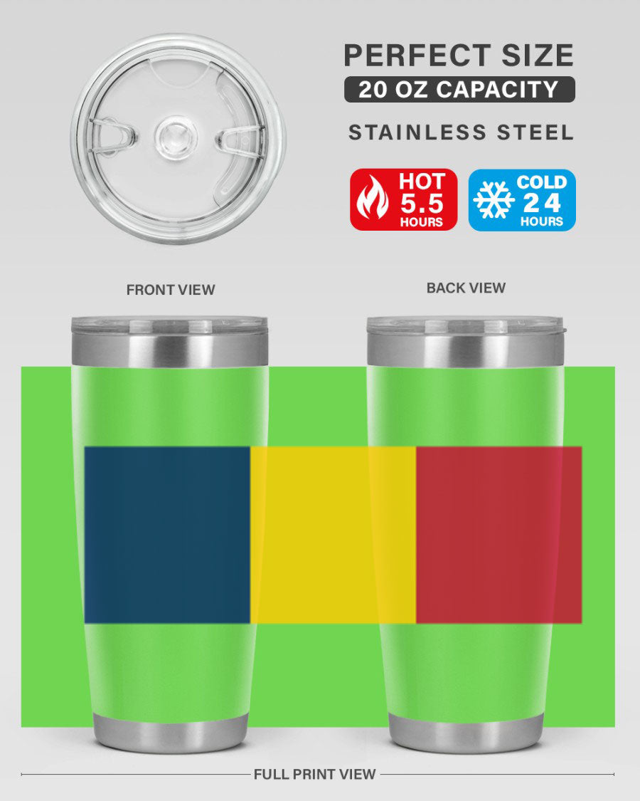 Chad 164# Tumbler featuring a vibrant flag design, made of stainless steel with a copper lining, ideal for hot and cold beverages.