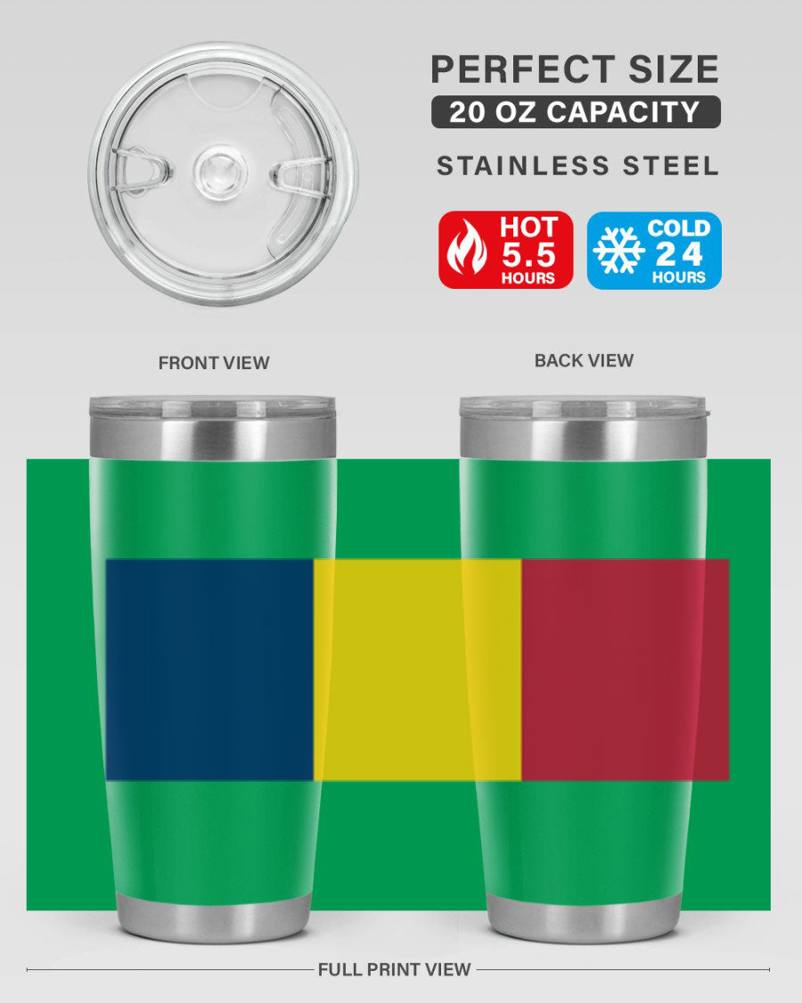 Chad 164# Tumbler featuring a vibrant flag design, made of stainless steel with a copper lining, ideal for hot and cold beverages.