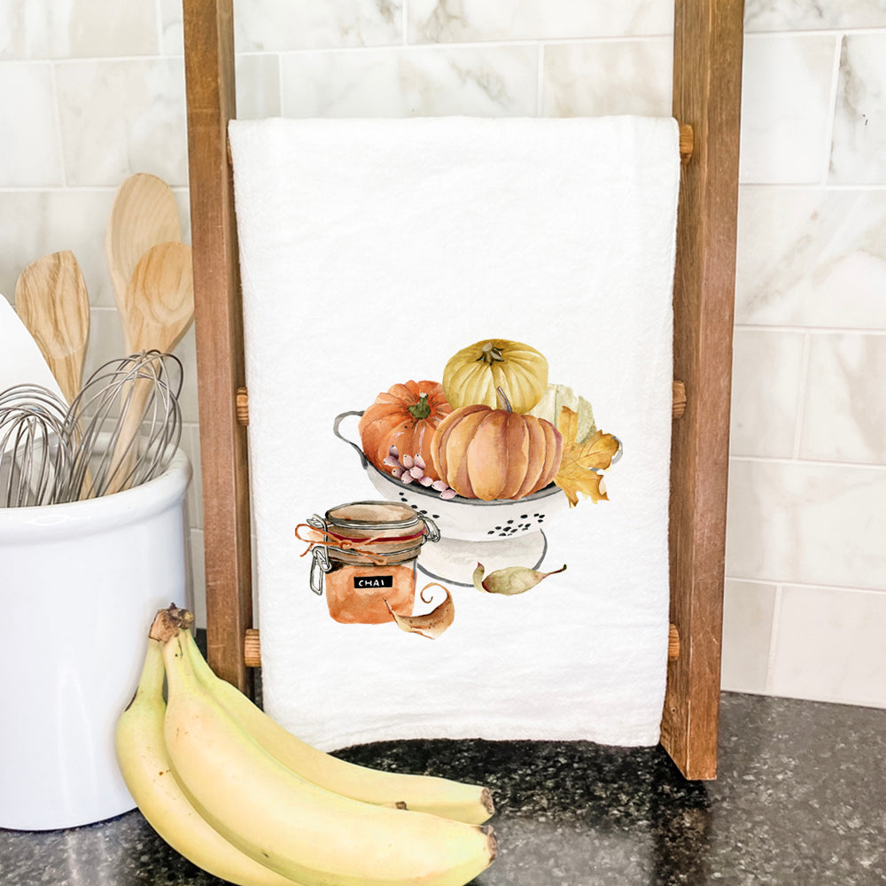 Chai Pumpkin Bowl cotton tea towel featuring a vibrant pumpkin design, perfect for kitchen use.
