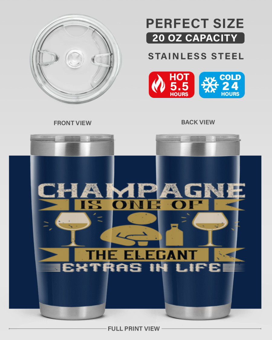 Elegant stainless steel champagne tumblers, 20oz and 30oz, with double wall vacuum insulation and drink-thru lid.