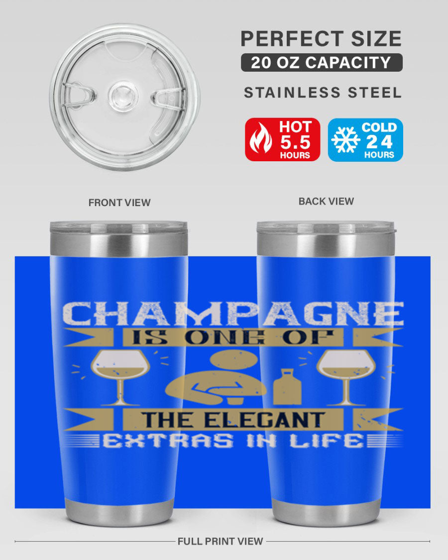 Elegant stainless steel champagne tumblers, 20oz and 30oz, with double wall vacuum insulation and drink-thru lid.