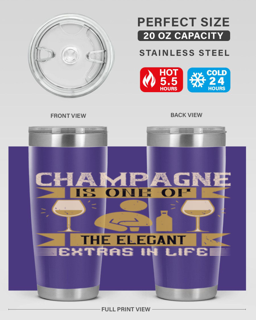 Elegant stainless steel champagne tumblers, 20oz and 30oz, with double wall vacuum insulation and drink-thru lid.