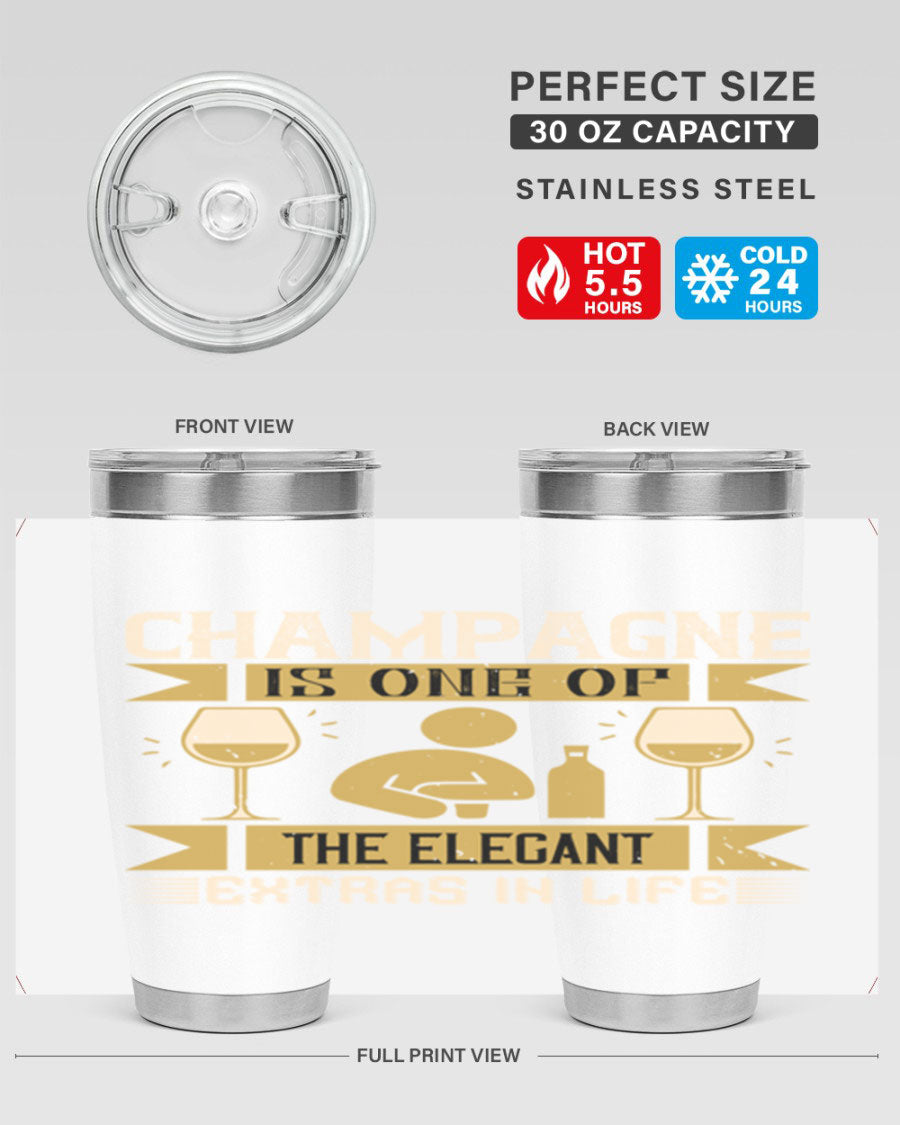 Elegant stainless steel champagne tumblers, 20oz and 30oz, with double wall vacuum insulation and drink-thru lid.