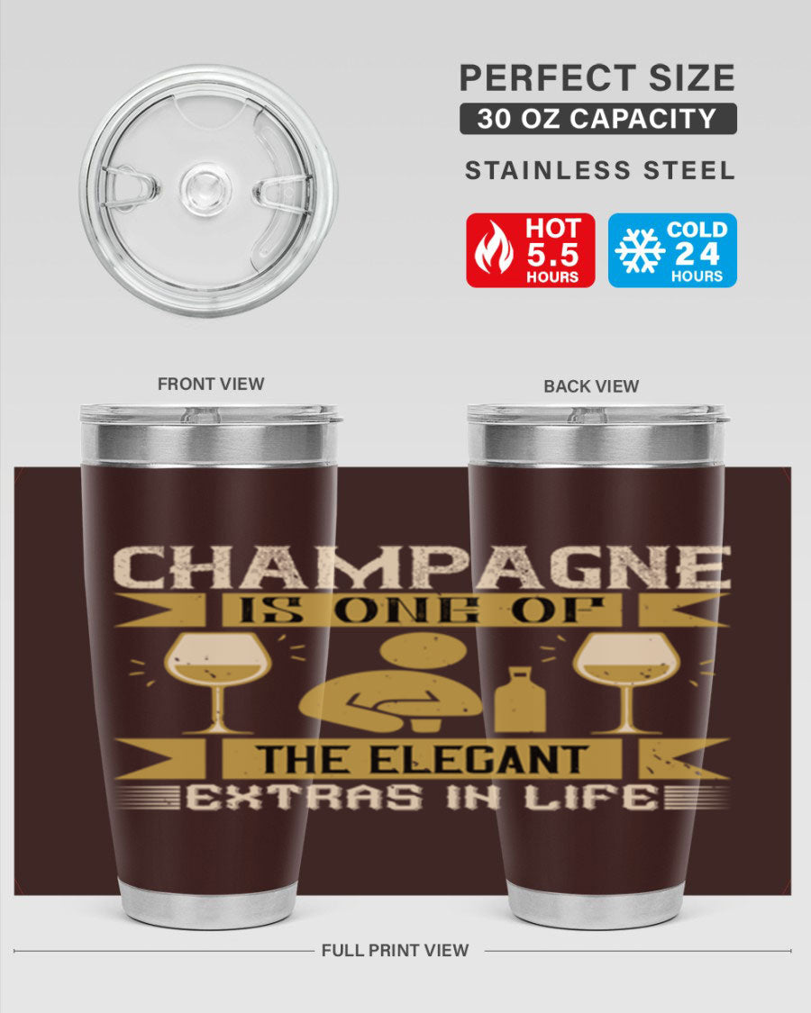 Elegant stainless steel champagne tumblers, 20oz and 30oz, with double wall vacuum insulation and drink-thru lid.