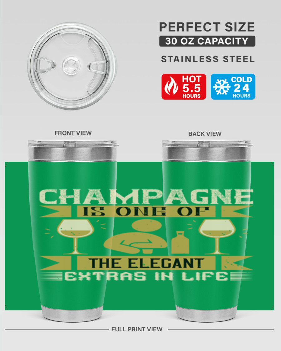 Elegant stainless steel champagne tumblers, 20oz and 30oz, with double wall vacuum insulation and drink-thru lid.