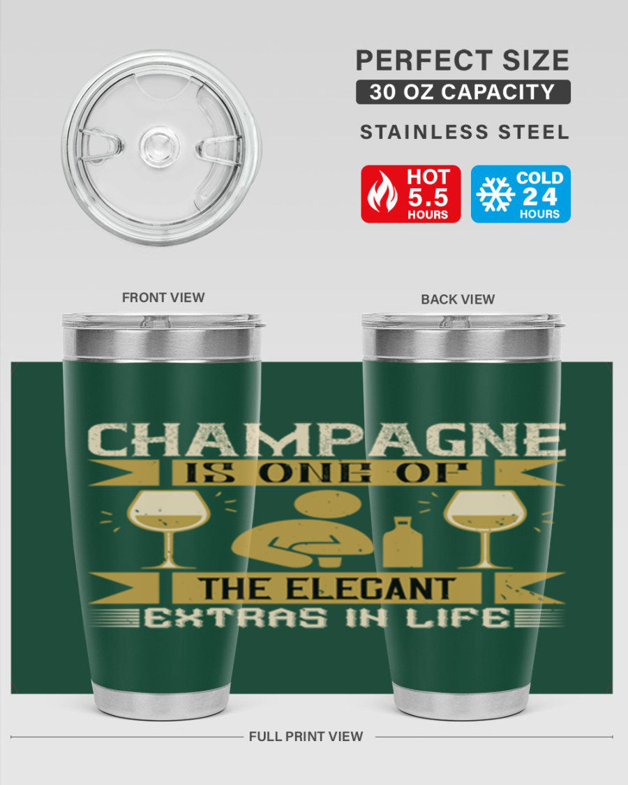 Elegant stainless steel champagne tumblers, 20oz and 30oz, with double wall vacuum insulation and drink-thru lid.