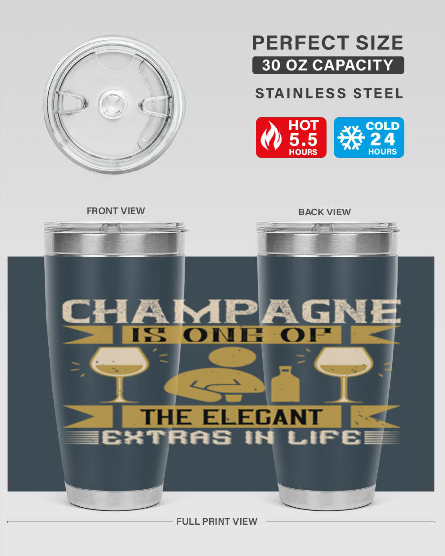 Elegant stainless steel champagne tumblers, 20oz and 30oz, with double wall vacuum insulation and drink-thru lid.