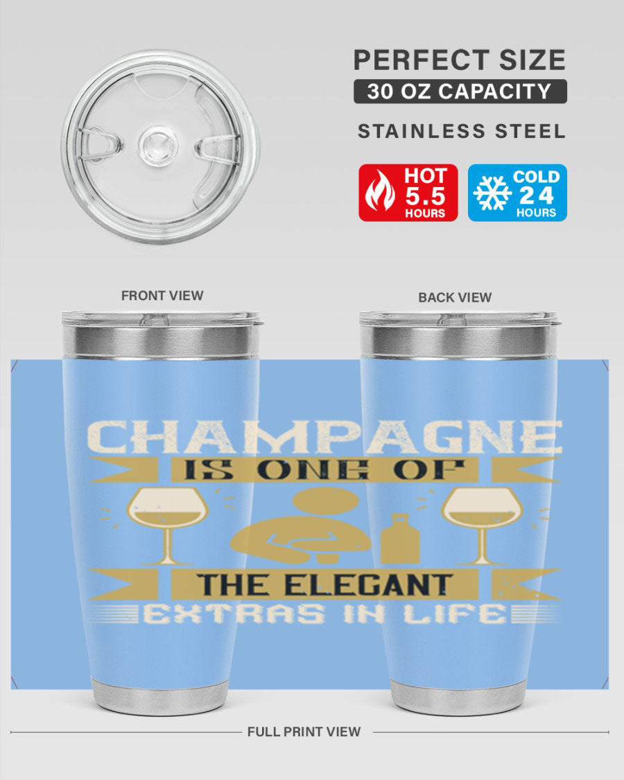 Elegant stainless steel champagne tumblers, 20oz and 30oz, with double wall vacuum insulation and drink-thru lid.