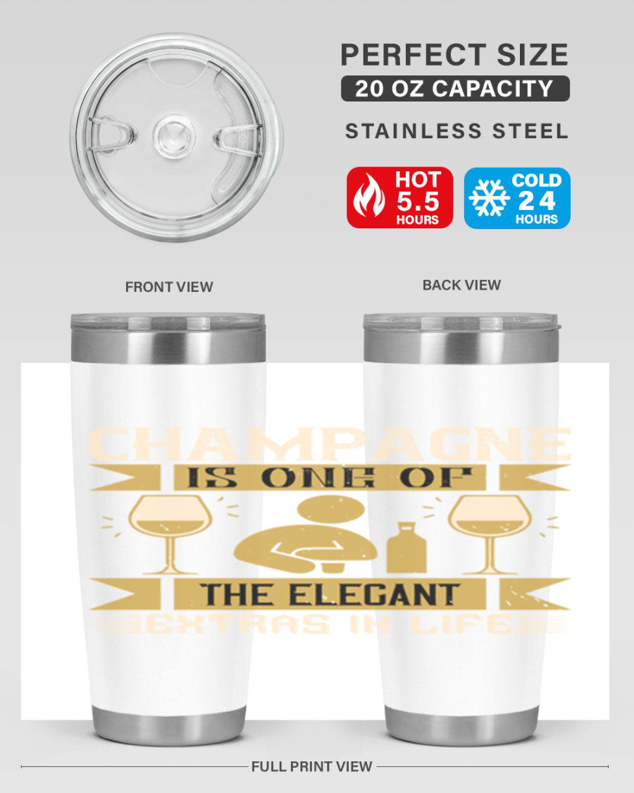 Elegant stainless steel champagne tumblers, 20oz and 30oz, with double wall vacuum insulation and drink-thru lid.