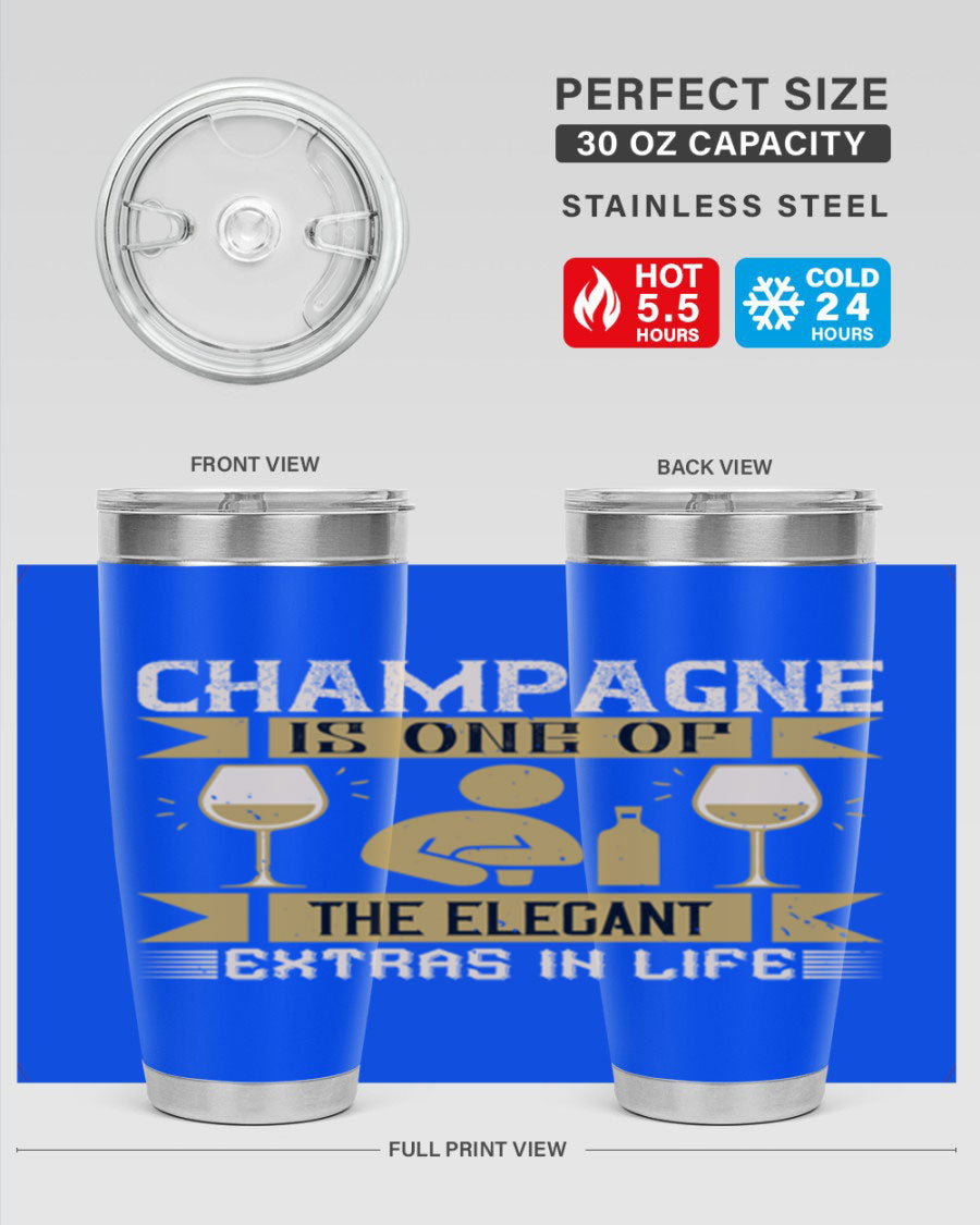 Elegant stainless steel champagne tumblers, 20oz and 30oz, with double wall vacuum insulation and drink-thru lid.