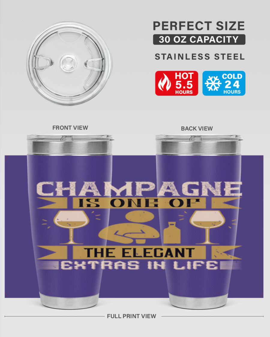 Elegant stainless steel champagne tumblers, 20oz and 30oz, with double wall vacuum insulation and drink-thru lid.