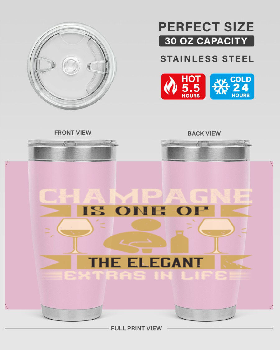 Elegant stainless steel champagne tumblers, 20oz and 30oz, with double wall vacuum insulation and drink-thru lid.