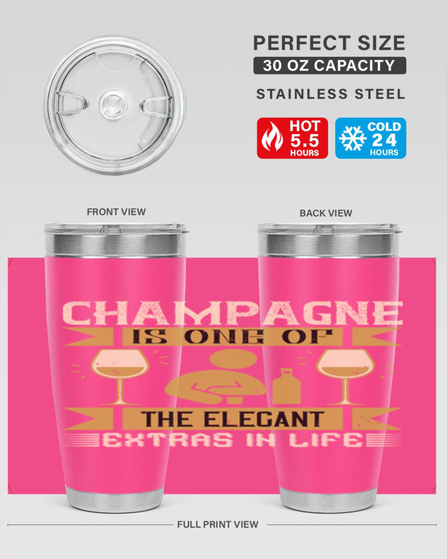 Elegant stainless steel champagne tumblers, 20oz and 30oz, with double wall vacuum insulation and drink-thru lid.