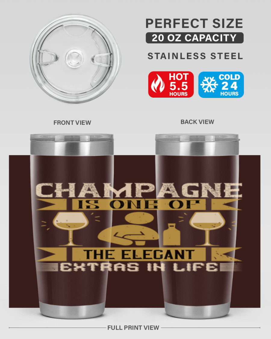 Elegant stainless steel champagne tumblers, 20oz and 30oz, with double wall vacuum insulation and drink-thru lid.