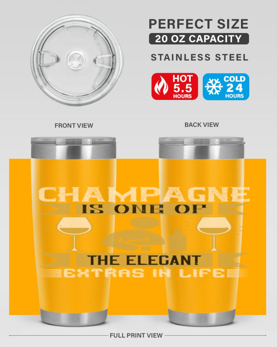 Elegant stainless steel champagne tumblers, 20oz and 30oz, with double wall vacuum insulation and drink-thru lid.