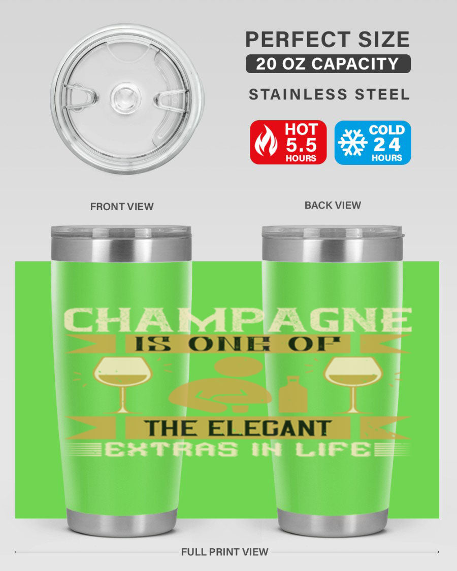 Elegant stainless steel champagne tumblers, 20oz and 30oz, with double wall vacuum insulation and drink-thru lid.