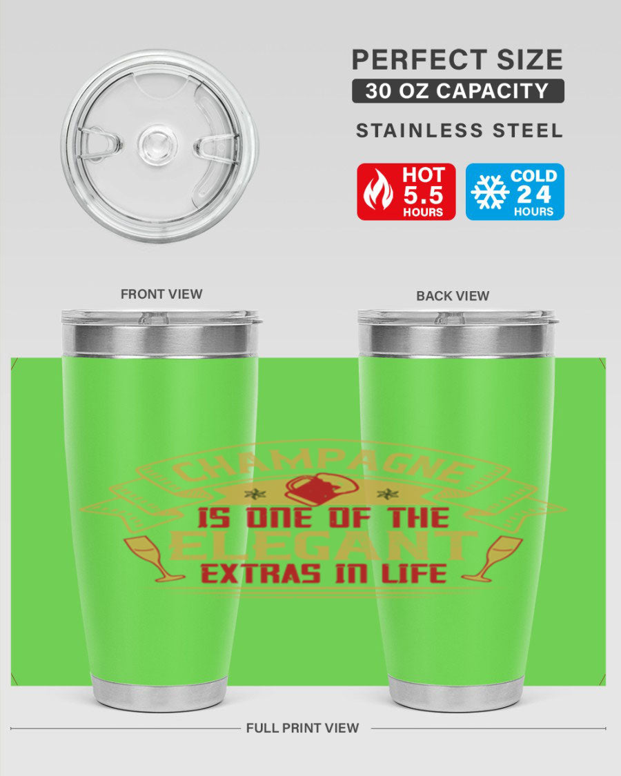 Elegant 20oz and 30oz stainless steel tumblers designed for champagne, featuring double wall vacuum insulation and a drink-thru lid.