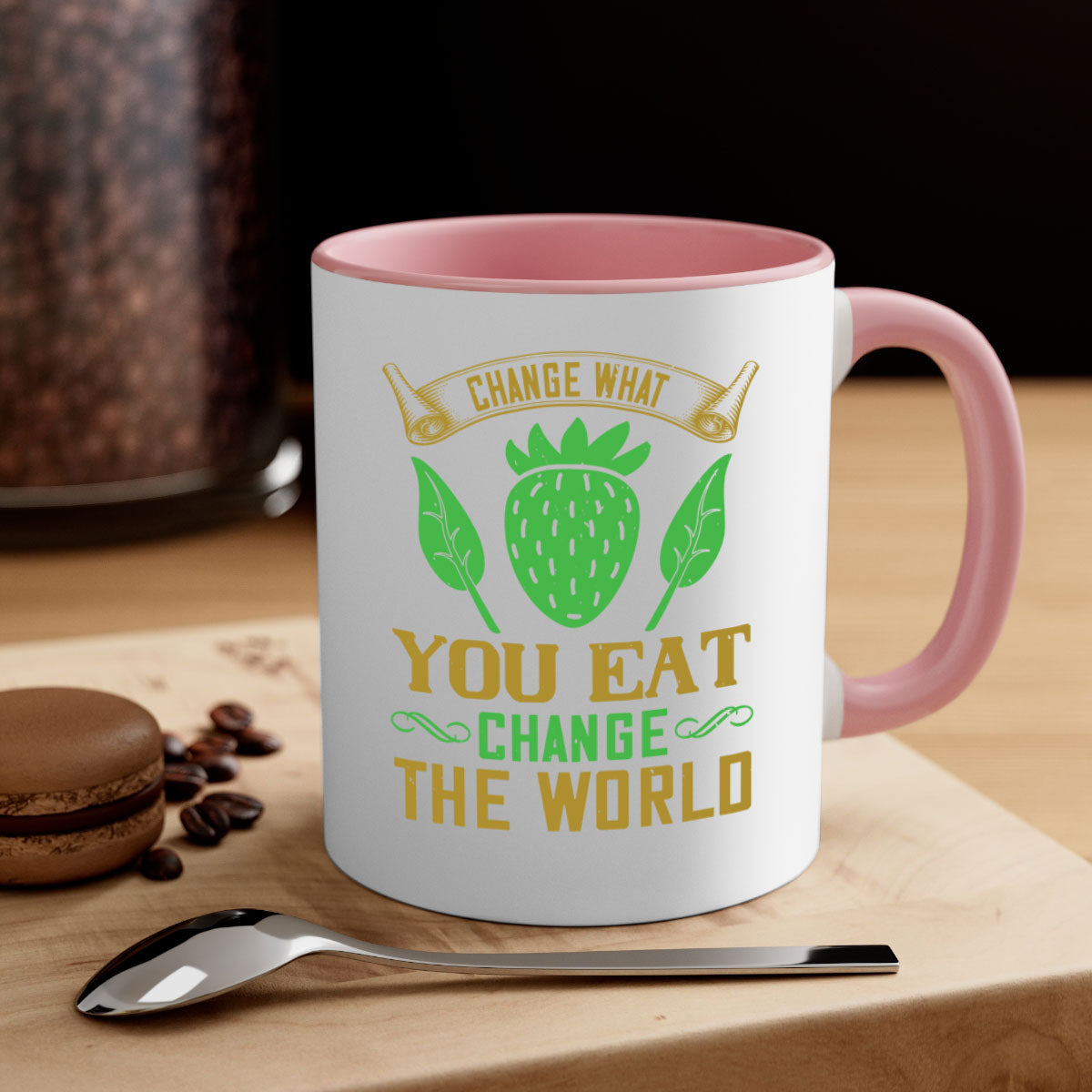 Change What You Eat Change The World 146# Vegan Mug with colorful handle and glossy finish, available in multiple colors.