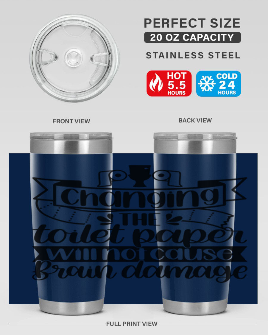Changing the toilet paper 43# tumbler in stainless steel with a drink-thru lid, showcasing its sleek design and double wall insulation.