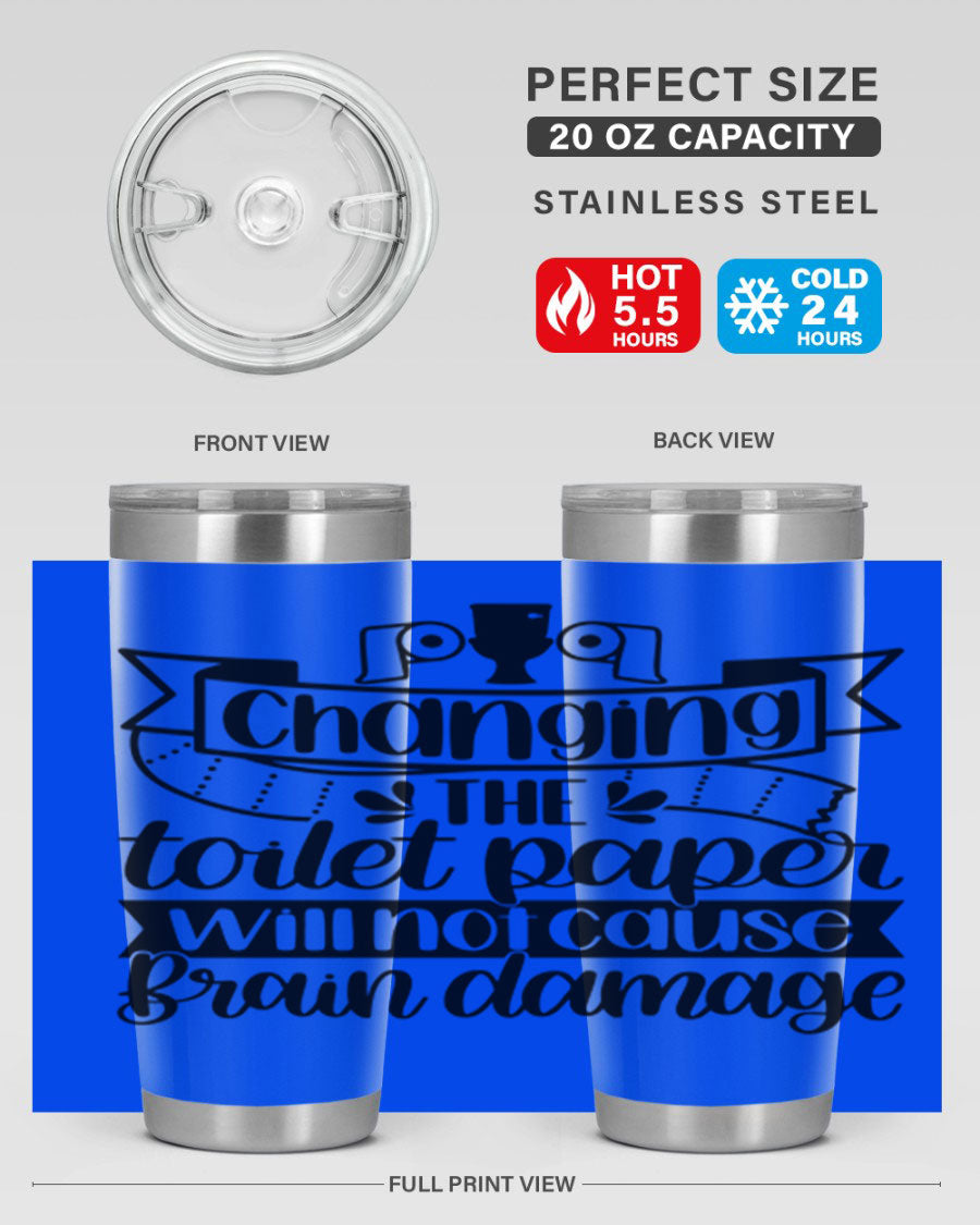 Changing the toilet paper 43# tumbler in stainless steel with a drink-thru lid, showcasing its sleek design and double wall insulation.