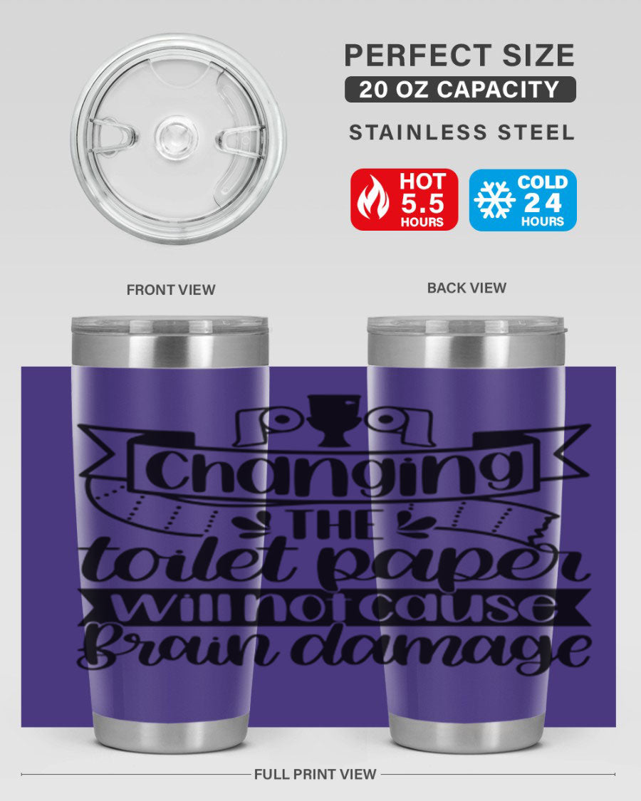 Changing the toilet paper 43# tumbler in stainless steel with a drink-thru lid, showcasing its sleek design and double wall insulation.