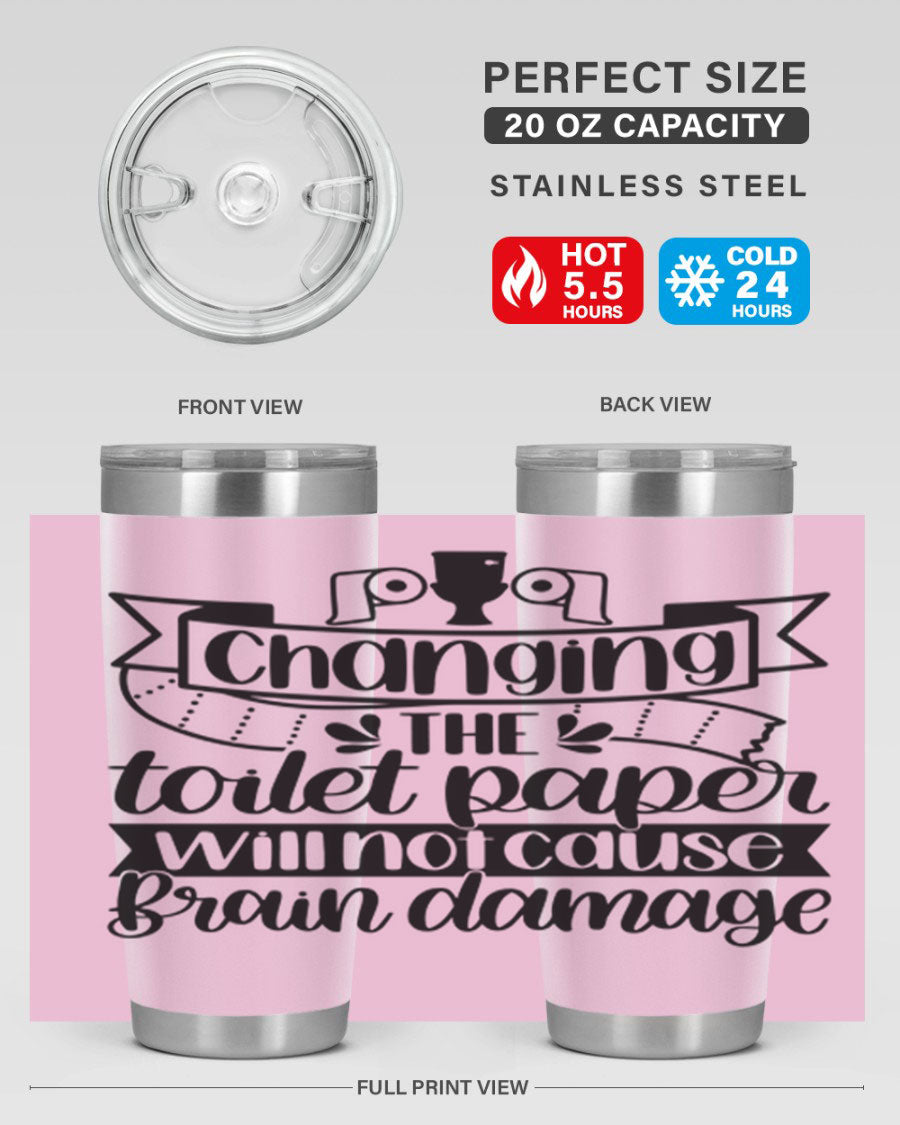 Changing the toilet paper 43# tumbler in stainless steel with a drink-thru lid, showcasing its sleek design and double wall insulation.