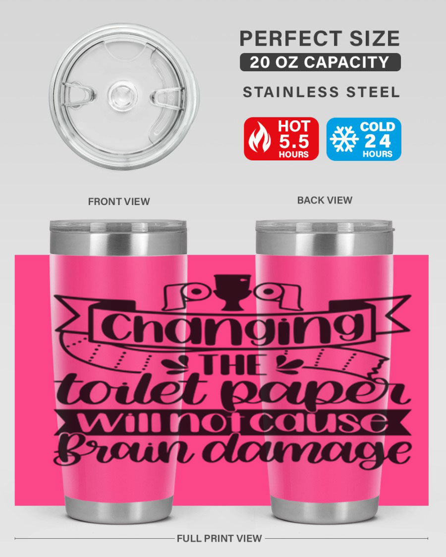 Changing the toilet paper 43# tumbler in stainless steel with a drink-thru lid, showcasing its sleek design and double wall insulation.