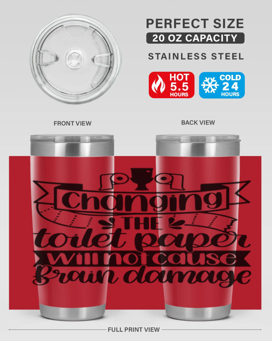 Changing the toilet paper 43# tumbler in stainless steel with a drink-thru lid, showcasing its sleek design and double wall insulation.