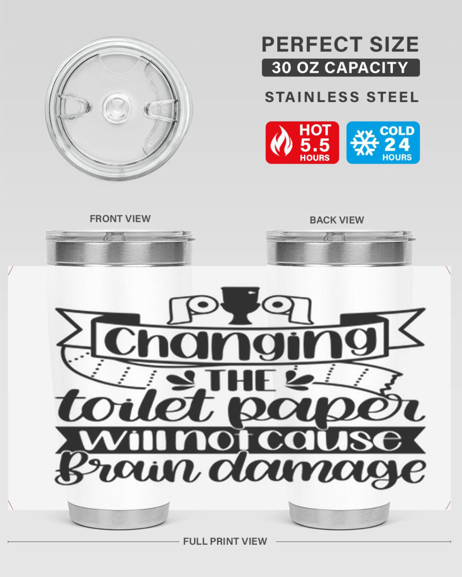 Changing the toilet paper 43# tumbler in stainless steel with a drink-thru lid, showcasing its sleek design and double wall insulation.