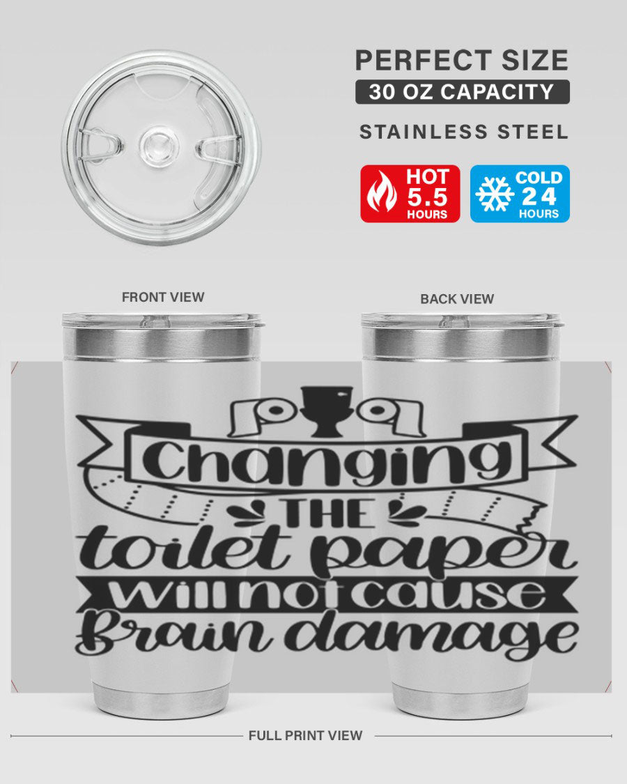 Changing the toilet paper 43# tumbler in stainless steel with a drink-thru lid, showcasing its sleek design and double wall insulation.