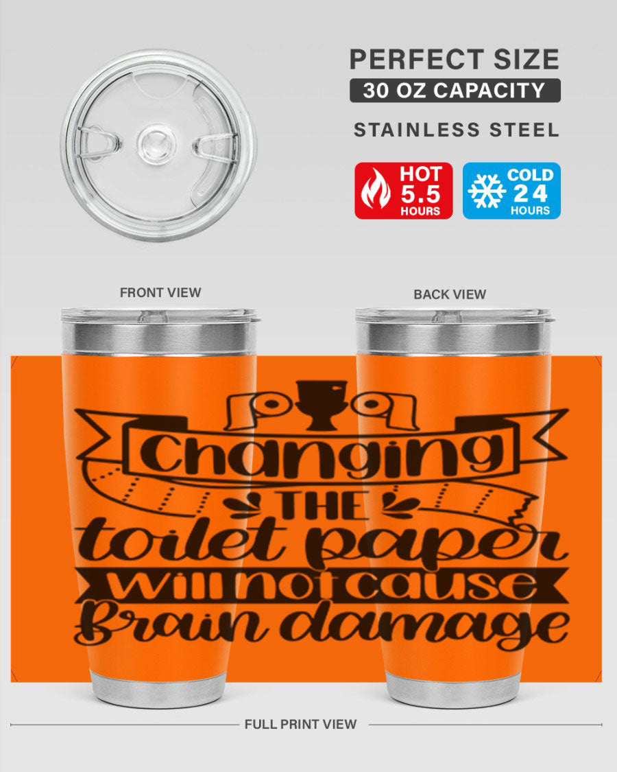Changing the toilet paper 43# tumbler in stainless steel with a drink-thru lid, showcasing its sleek design and double wall insulation.