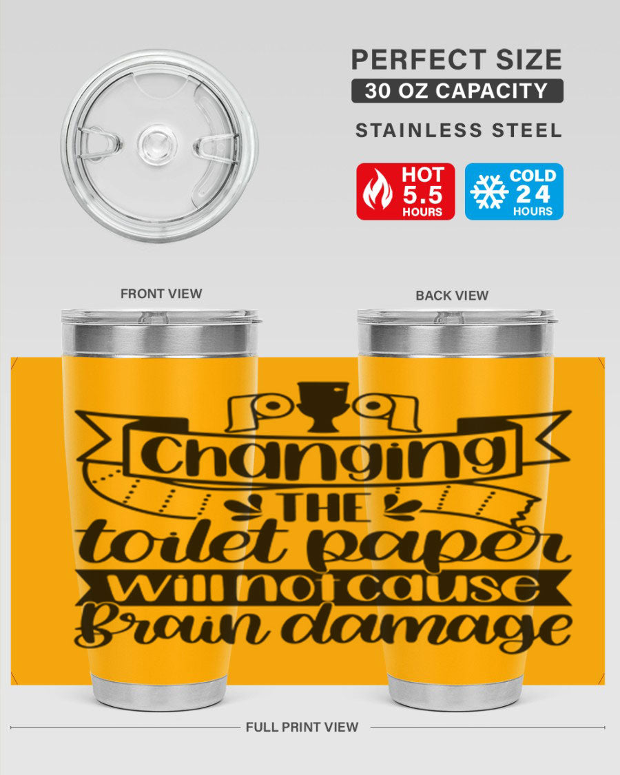 Changing the toilet paper 43# tumbler in stainless steel with a drink-thru lid, showcasing its sleek design and double wall insulation.