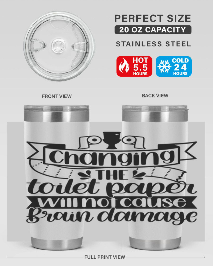 Changing the toilet paper 43# tumbler in stainless steel with a drink-thru lid, showcasing its sleek design and double wall insulation.
