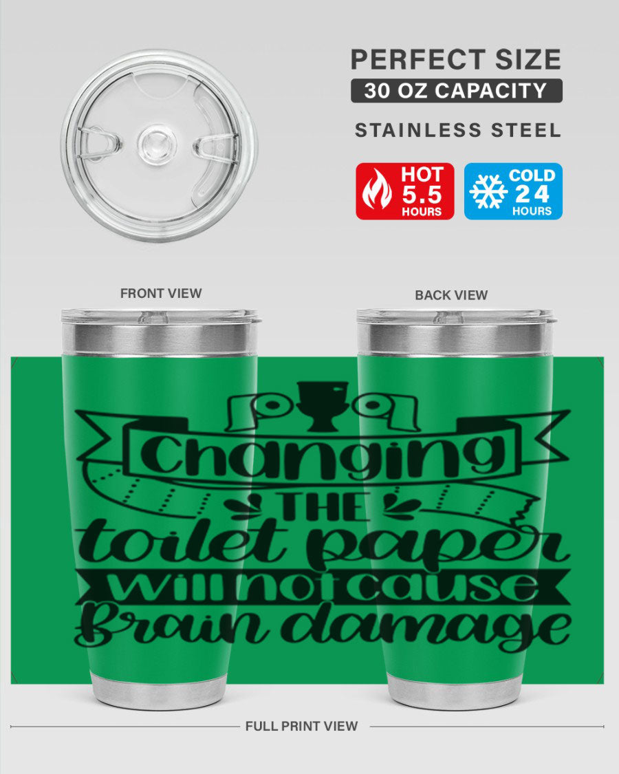 Changing the toilet paper 43# tumbler in stainless steel with a drink-thru lid, showcasing its sleek design and double wall insulation.