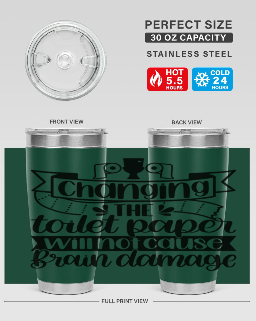 Changing the toilet paper 43# tumbler in stainless steel with a drink-thru lid, showcasing its sleek design and double wall insulation.